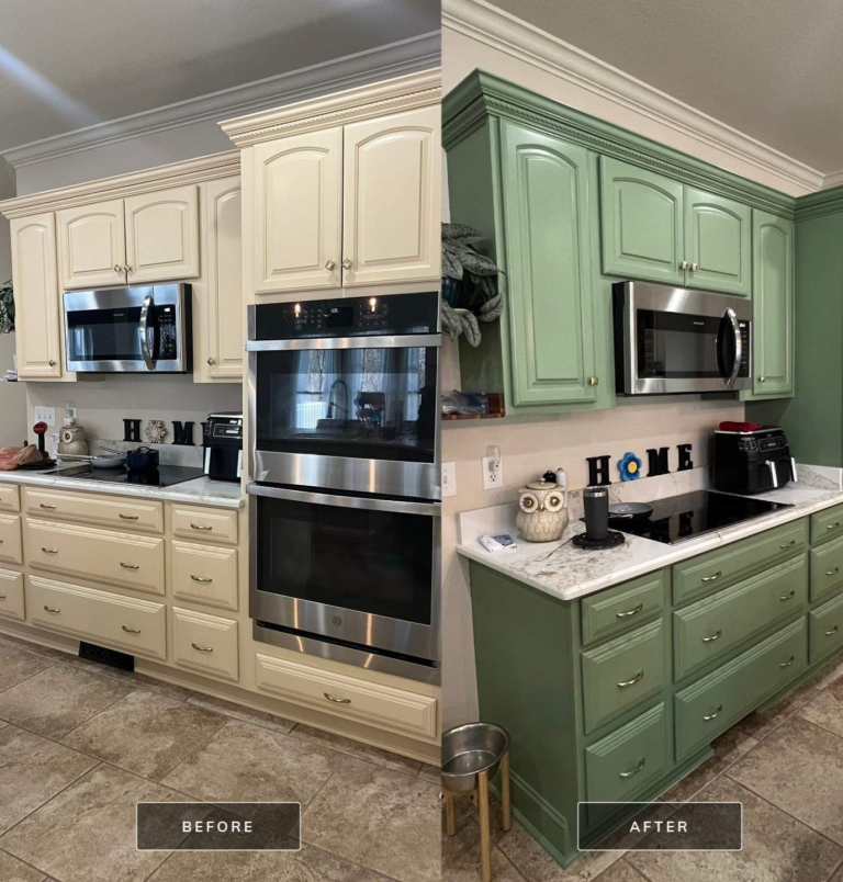 Before and after: cream kitchen cabinets refinished in sage green