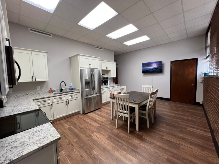 Repainted employee break room in a commercial office building